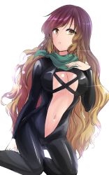 Rule 34 | 1girl, biker clothes, bikesuit, blonde hair, bodysuit, breasts, brown eyes, commentary request, feet out of frame, gradient hair, green scarf, hand on own chest, hand up, highres, hijiri byakuren, kneeling, large breasts, long hair, long sleeves, looking at viewer, multicolored hair, navel, one-hour drawing challenge, open bodysuit, open clothes, parted lips, purple hair, scarf, simple background, solo, thighs, touhou, turbo byakuren, urban legend in limbo, very long hair, white background, y2