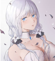Rule 34 | 1girl, azur lane, bad id, bad pixiv id, bare shoulders, blue eyes, breasts, cleavage, collarbone, dress, flower, hair flower, hair ornament, hair ribbon, highres, illustrious (azur lane), large breasts, long hair, looking at viewer, mole, mole under eye, open mouth, petals, ribbon, rifu (643763873), silver hair, simple background, solo, white dress