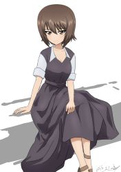 Rule 34 | 1girl, arm support, artist name, black dress, breasts, brown eyes, brown footwear, brown hair, bukkuri, cleavage, closed mouth, collared dress, commentary, dated, dress, girls und panzer, hand on lap, light smile, long dress, looking at viewer, medium breasts, nishizumi maho, shoes, short hair, short sleeves, signature, simple background, sitting, smile, solo, white background