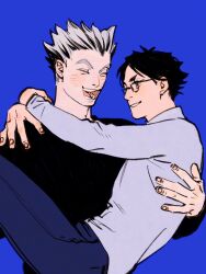 Rule 34 | 2boys, akaashi keiji, arms around neck, black hair, blue background, blue pants, blue sweater, bokuto koutarou, carrying, chengongzi123, closed eyes, commentary request, facing another, glasses, green eyes, grey hair, grin, haikyuu!!, hands up, highres, long sleeves, looking at another, male focus, multicolored hair, multiple boys, open mouth, pants, princess carry, short hair, simple background, smile, standing, streaked hair, sweater, turtleneck, turtleneck sweater, upper body, very short hair, yaoi
