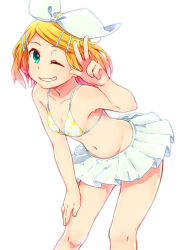 Rule 34 | 1girl, ;d, aqua eyes, bikini, bikini skirt, bikini top only, blonde hair, bow, breasts, cleavage, collarbone, grin, groin, hair bow, hair ornament, hairclip, hand on lap, kagamine rin, leaning forward, looking at viewer, navel, one eye closed, open mouth, print bikini, print bikini top, reki (arequa), short hair, sideboob, simple background, skirt, small breasts, smile, solo, standing, swimsuit, v, vocaloid, white background, white bow, white skirt