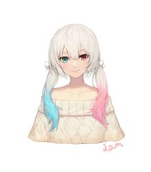 Rule 34 | 1girl, bad id, bad twitter id, bare shoulders, blue eyes, blue hair, blush, face, hair between eyes, heterochromia, jam (nandade), multicolored hair, original, pink hair, red eyes, signature, simple background, smile, solo, twintails, white background, white hair