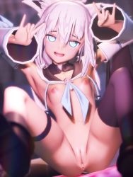Rule 34 | 1girl, blue eyes, breasts, cleft of venus, detached sleeves, fox shadow puppet, heart, heart-shaped pupils, highres, hololive, looking at viewer, medium hair, mikumikudance (medium), mithras custom, nipples, nude, open mouth, pussy, shirakami fubuki, sitting, small breasts, solo, spread legs, symbol-shaped pupils, thighhighs, virtual youtuber, white hair