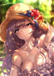 Rule 34 | 1girl, absurdres, bare shoulders, blush, bow, breasts, brown eyes, brown hair, character name, cleavage, collarbone, dress, flower, hat, hat bow, hat flower, highres, idolmaster, idolmaster shiny colors, large breasts, long hair, shashaki, smile, solo, sunlight, tsukioka kogane