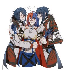 Rule 34 | 1girl, 2boys, alcryst (fire emblem), alear (female) (fire emblem), alear (fire emblem), armor, ascot, blue eyes, blue hair, fire emblem, fire emblem engage, gloves, hair between eyes, hair ornament, hairclip, heterochromia, highres, long hair, long sleeves, looking at another, multicolored hair, multiple boys, nintendo, oratoza, red eyes, red hair, ribbon, shoulder armor, skirt, tiara, two-tone hair, waist cape, white ascot, white background