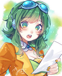 Rule 34 | 1girl, absurdres, breasts, cleavage, collar, goggles, goggles on head, green background, green hair, green nails, green shirt, gumi, headphones, highres, holding, holding paper, jacket, large breasts, light blush, looking at object, mai mugi, open mouth, orange jacket, paper, shirt, short hair, sidelocks, signature, solo, vocaloid, white background