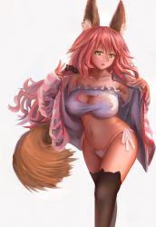 Rule 34 | 10s, 1girl, animal ear legwear, animal ears, bad id, bad pixiv id, bare shoulders, black thighhighs, breasts, cat cutout, cat ear legwear, cat ear panties, cat lingerie, cleavage, cleavage cutout, clothing cutout, covered erect nipples, fate/extra, fate (series), fox ears, fox tail, highres, large breasts, long hair, looking at viewer, meme attire, navel, open clothes, open mouth, panties, pink hair, ru03s06, side-tie panties, simple background, solo, standing, tail, tamamo (fate), tamamo no mae (fate/extra), thighhighs, underwear, white background, yellow eyes