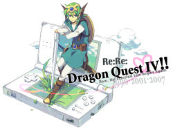 Rule 34 | 1boy, 1girl, dragon quest, dragon quest iv, ebira, green hair, handheld game console, hero (dq4), male focus, mini person, miniboy, nintendo ds, oversized object, revision, simple background, solo, stylus, through medium, through screen, white background