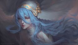 Rule 34 | 1girl, anklet, azura (fire emblem), blue hair, chuby mi, dress, elbow gloves, fingerless gloves, fire emblem, fire emblem fates, gloves, hair between eyes, highres, jewelry, long hair, looking at viewer, nintendo, simple background, solo, veil, very long hair, yellow eyes