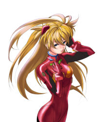 Rule 34 | 1girl, bad id, bad pixiv id, blonde hair, blue eyes, breasts, breasts apart, cowboy shot, formal, from side, hair between eyes, hair ornament, half-closed eyes, hand on own chest, hand on own head, lips, long hair, neon genesis evangelion, plugsuit, rin2008, simple background, smile, solo, souryuu asuka langley, standing, suit, two side up, white background