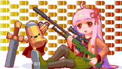 Rule 34 | 1girl, 1other, :d, :o, ai arctic warfare, black pantyhose, blunt bangs, blush stickers, bolt action, bullet, bullet kin, cademofu, cape, cardigan, character print, commentary request, crossover, enter the gungeon, full body, green footwear, green shorts, gun, hair ribbon, holding, holding bullet, holding gun, holding weapon, jumping, kotonoha akane, long hair, long sleeves, looking at viewer, open mouth, orange cardigan, pantyhose, pink hair, pixel art, planted, planted sword, planted weapon, red cape, red eyes, red ribbon, red shirt, ribbon, rifle, scope, shirt, shoe soles, shorts, sidelocks, sitting, smile, sniper rifle, sword, the bullet (enter the gungeon), very long hair, voiceroid, weapon, white background