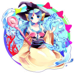 Rule 34 | 1girl, bad id, bad pixiv id, bare shoulders, blue eyes, blue hair, blush, front ponytail, hat, long hair, magi the labyrinth of magic, matching hair/eyes, sakurato remi, shell, shell bikini, solo, staff, water, witch hat, yamuraiha