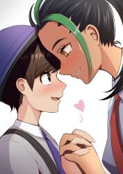Rule 34 | 1boy, 1girl, absurdres, black hair, blush, brown eyes, brown hair, collared shirt, commentary request, commission, creatures (company), eye contact, florian (pokemon), freckles, from side, game freak, green hair, grey shirt, hand up, hat, heart, height difference, hetero, highres, holding hands, looking at another, michinoku (hfsa3775), multicolored hair, necktie, nemona (pokemon), nintendo, open mouth, orange necktie, parted lips, pixiv commission, pokemon, pokemon sv, ponytail, purple headwear, purple necktie, school uniform, shirt, short hair, simple background, smile, strap, sweatdrop, two-tone hair, upper body, white background
