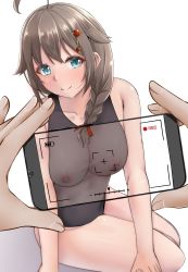 Rule 34 | 1girl, absurdres, aga marino, ahoge, aqua eyes, bare arms, bare shoulders, black one-piece swimsuit, blush, braid, breasts, brown hair, camera, closed mouth, collarbone, competition swimsuit, hair ornament, highres, kantai collection, large breasts, long hair, looking at viewer, nipples, one-piece swimsuit, phone, pov, shigure (kancolle), simple background, sitting, smile, solo focus, swimsuit, thighs, white background, x-ray vision