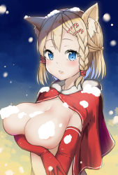 Rule 34 | 1girl, animal ears, blonde hair, blue eyes, blue hair, breasts, candy cane hair ornament, cat ears, christmas, cleavage, elbow gloves, food-themed hair ornament, gloves, hair ornament, highres, large breasts, looking at viewer, multicolored hair, na arva, original, red gloves, snow, solo, two-tone hair
