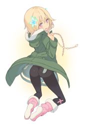 Rule 34 | 10s, 1girl, absurdres, ass, blonde hair, boots, brown eyes, fang, flower, hair flower, hair ornament, highres, jacket, long hair, looking at viewer, looking back, misono chiaya, mk (masatusaboten), pants, pantyhose, pink eyes, solo, the rolling girls, tight clothes, tight pants