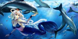 Rule 34 | 1girl, alternate color, animal, bear, bikini, bikini top only, blue eyes, breasts, cleavage, dolphin, eating, female focus, fish, food, hair rings, jewelry, jiaoshouwen, long hair, luo tianyi, mermaid, monster girl, necklace, open mouth, polar bear, smile, solo, swimsuit, underwater, vocaloid, water, white hair