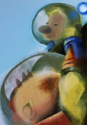 Rule 34 | 2boys, absurdres, backpack, bag, big nose, blonde hair, blue light, blue sky, brown hair, catching, clenched teeth, cliff, closed eyes, gloves, hand grab, helmet, highres, iat-418, injury, louie (pikmin), multiple boys, olimar, open mouth, pikmin (series), pointy ears, radio antenna, red bag, red gloves, short hair, sky, space helmet, spacesuit, teeth, very short hair