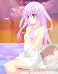 Rule 34 | 10s, 1girl, absurdres, blush, breasts, derivative work, highres, long hair, naked towel, nepgear, neptune (series), onsen, open mouth, petals, planeptune, purple hair, small breasts, smile, solo, steam, towel