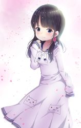 Rule 34 | 1girl, akino ell, bad id, bad pixiv id, black hair, blue eyes, blue sailor collar, blush, breasts, closed mouth, collarbone, dress, flower, hair flower, hair ornament, highres, long hair, long sleeves, looking at viewer, original, petals, purple flower, sailor collar, sailor dress, sleeves past wrists, sleeves pushed up, small breasts, smile, solo, white background, white dress