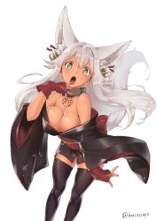 Rule 34 | 1girl, :o, animal ears, areola slip, arm warmers, artist name, bare shoulders, bell, black thighhighs, blush, breasts, eyebrows, floral print, fox ears, fox tail, garter straps, head tilt, herio, highres, japanese clothes, jingle bell, kimono, large breasts, leaning forward, long hair, long sleeves, looking at viewer, off shoulder, open clothes, open kimono, open mouth, original, simple background, solo, standing, tail, tareme, thighhighs, very long hair, white background, white hair, wide sleeves, yellow eyes, zettai ryouiki