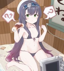 Rule 34 | 1girl, 1other, ?, ??, absurdres, bare arms, bare legs, bare shoulders, barefoot, bikini, black bikini, black hair, blush, camera, commentary request, flat chest, food, gradient hair, green eyes, hat, highres, holding, holding food, indoors, kantai collection, long hair, looking at viewer, matsuwa (kancolle), micro bikini, multicolored hair, navel, purple hair, seashell, sexually suggestive, shell, sitting, spoken question mark, string bikini, sweatdrop, swimsuit, taking picture, very long hair, wariza, white headwear, yui (seiga)
