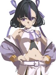 1girl absurdres black_hair commentary earrings frown goddess_of_victory:_nikke hands_on_own_hips highres jacket jewelry midriff navel off_shoulder purple_eyes purple_jacket purple_ribbon purple_streaks ribbon simple_background syuen_(nikke) taiyang_yu white_background