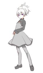 Rule 34 | 1girl, closed mouth, darker than black, dress, galahad 01, looking at viewer, pantyhose, ponytail, purple eyes, short hair, simple background, solo, white background, yin (darker than black)