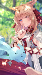 Rule 34 | 1girl, animal ears, blonde hair, blurry, blurry background, blurry foreground, blush, carbuncle (final fantasy), cat ears, cat tail, cloak, earrings, eyes visible through hair, final fantasy, final fantasy xiv, finger to mouth, heterochromia, highres, index finger raised, jewelry, khr 39, long hair, looking at viewer, miqo&#039;te, purple eyes, red eyes, solo, tail, warrior of light (ff14)