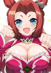 Rule 34 | 1girl, :d, absurdres, animal ears, bare shoulders, blue eyes, blush, breasts, brown hair, cleavage, clenched hands, collarbone, commentary request, detached sleeves, dress, ear ornament, fang, highres, horse ears, horse girl, kawakami princess (umamusume), large breasts, long hair, looking at viewer, maou (maoudaisukiya), open mouth, parted bangs, pink dress, pink sleeves, sidelocks, simple background, sleeveless, sleeveless dress, smile, solo, standing, umamusume, upper body, white background