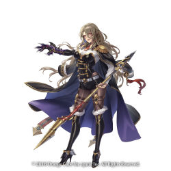 Rule 34 | 1girl, belt, blonde hair, boots, bustier, cape, copyright notice, crystal of re:union, cuboon, epaulettes, facial scar, fur trim, garter straps, gauntlets, hair ornament, high heels, holding, holding polearm, holding spear, holding weapon, knee boots, long hair, military, military uniform, official art, outstretched arm, parted lips, polearm, red neckwear, scar, scar on cheek, scar on face, shirt, short shorts, shorts, simple background, spear, standing, uniform, weapon, white background, white shirt