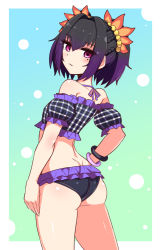 Rule 34 | 1girl, ass, bare shoulders, bikini, black hair, butt crack, cougar (cougar1404), from behind, gradient hair, hair ornament, hand on own hip, looking at viewer, mole, mole under eye, multicolored hair, purple eyes, purple hair, shiny skin, short hair, simple background, smile, solo, swimsuit, symonne (tales), tales of (series), tales of zestiria, wedgie