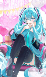 Rule 34 | 1girl, :d, aqua hair, aqua necktie, armchair, balloon, black footwear, black skirt, blush, boots, bunching hair, chair, commentary, detached sleeves, gift, grey shirt, hatsune miku, heart balloon, highres, liso, long hair, long sleeves, looking at viewer, miniskirt, necktie, open mouth, pennant, pleated skirt, purple eyes, shirt, sitting, skirt, smile, solo, thigh boots, twintails, very long hair, vocaloid