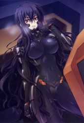 Rule 34 | 1girl, adjusting hair, armor, beatrix bremer, black hair, bodysuit, breasts, breath, carnelian, covered erect nipples, covered navel, cowboy shot, dutch angle, emblem, fortified suit, gloves, grin, hair between eyes, half updo, highres, huge breasts, impossible bodysuit, impossible clothes, indoors, large breasts, legs apart, long hair, looking at viewer, muv-luv, muv-luv alternative, pilot suit, red eyes, scan, scan artifacts, schwarzesmarken, sidelocks, skin tight, smile, solo, very long hair, wavy hair, wide hips