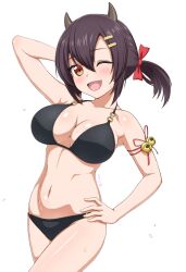 Rule 34 | 1girl, ;d, arm ribbon, arm up, armpits, artist name, azur lane, bare shoulders, bell, bikini, black bikini, blush, breasts, brown eyes, brown hair, cleavage, collarbone, commentary request, commission, cowboy shot, elun, hair between eyes, hair ornament, hairclip, hand on own hip, horns, jingle bell, large breasts, long hair, looking at viewer, low twintails, nagara (azur lane), navel, one eye closed, oni horns, open mouth, ribbon, sidelocks, simple background, skeb commission, smile, solo, standing, stomach, swimsuit, twintails, white background