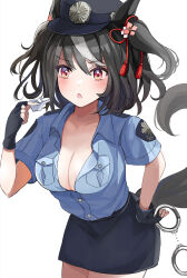 Rule 34 | 1girl, alternate costume, animal ears, black hair, blue hat, blush, breasts, cleavage, commentary request, cuffs, hair ornament, hanamura pink, handcuffs, hat, highres, horse ears, horse girl, horse tail, kitasan black (umamusume), leaning forward, looking at viewer, medium breasts, multicolored hair, police, police uniform, red eyes, shirt, short sleeves, simple background, solo, streaked hair, tail, umamusume, uniform, whistle, white background, white hair, white shirt