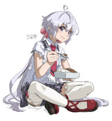 Rule 34 | 10s, 1girl, :t, ahoge, bento, black skirt, buttons, chewing, crossed legs, crumbs, curry, curry rice, eating, food, food on face, hair ornament, hair scrunchie, high heels, indian style, light purple hair, long hair, looking at viewer, low-tied long hair, necktie, plaid, plaid skirt, pleated skirt, pumps, purple eyes, red footwear, red necktie, rice, rice on face, school uniform, scrunchie, senki zesshou symphogear, shirt, shoes, signature, simple background, sitting, skirt, solo, spoon, thighhighs, twintails, tyuga, very long hair, white background, white shirt, white thighhighs, yukine chris