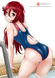 Rule 34 | 10s, 1girl, artist name, ass, bent over, blue one-piece swimsuit, competition swimsuit, cowboy shot, eyelashes, from behind, hair ornament, half updo, long hair, looking at viewer, looking back, love live!, love live! sunshine!!, nonoririn, one-piece swimsuit, pool, pool ladder, poolside, red hair, sakurauchi riko, solo, swimsuit, thighs, water, wet, yellow eyes