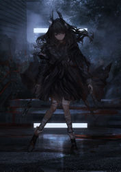 Rule 34 | 1girl, absurdres, arms at sides, bandaged leg, bandages, black footwear, black jacket, black skirt, blood, blood on clothes, blood on face, blood stain, boots, brown eyes, brown hair, butterfly hair ornament, dark, dual wielding, floating hair, flower, fog, full body, gun, hair flower, hair ornament, handgun, highres, holding, holding gun, holding wand, holding weapon, jacket, lavender quartz, legs apart, lm7 (op-center), long hair, looking at viewer, night, outdoors, photoshop (medium), pistol, serious, skirt, solo, stairs, standing, torabishi lana, v-shaped eyebrows, wand, weapon