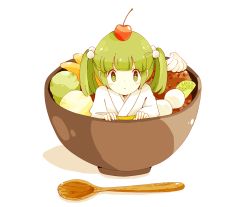 Rule 34 | 1girl, ame (amemgmgmg), bad id, bad pixiv id, banana, blush, bowl, cherry, female focus, food, fruit, green eyes, green hair, hair bobbles, hair ornament, in bowl, in container, in food, japanese clothes, kimono, kisume, kiwi (fruit), looking at viewer, matching hair/eyes, mini person, minigirl, object on head, short hair, simple background, solo, spoon, touhou, twintails, white background, wooden spoon