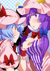 Rule 34 | 2girls, blue hair, blush, bow, breast poke, breasts, chestnut mouth, cleavage, commentary request, eichi yuu, hair bow, hair ribbon, hat, highres, large breasts, long hair, mob cap, multiple girls, open mouth, parted lips, patchouli knowledge, purple eyes, purple hair, red eyes, remilia scarlet, ribbon, short hair, touhou, wrist cuffs