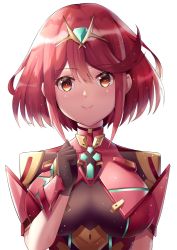 Rule 34 | 1girl, armor, breasts, eol 9, gem, hair ornament, headpiece, highres, jewelry, large breasts, nintendo, pyra (xenoblade), red eyes, red hair, short hair, shoulder armor, smile, solo, xenoblade chronicles (series), xenoblade chronicles 2, xenoblade chronicles (series), xenoblade chronicles 2