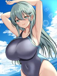 Rule 34 | 1girl, aqua eyes, aqua hair, arms behind head, arms up, beach, black one-piece swimsuit, blue one-piece swimsuit, blush, breasts, cloud, cloudy sky, competition swimsuit, covered navel, cowboy shot, dated, day, dutch angle, hair between eyes, hair ornament, hairclip, highleg, highleg swimsuit, highres, impossible clothes, impossible swimsuit, indoors, kantai collection, large breasts, long hair, looking at viewer, montemasa, multicolored clothes, multicolored swimsuit, ocean, one-piece swimsuit, open mouth, sky, smile, solo, suzuya (kancolle), swimsuit, twitter username, two-tone swimsuit