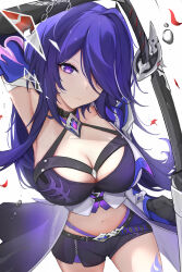 Rule 34 | 1girl, absurdres, acheron (honkai: star rail), arm up, armpits, black choker, black gloves, black shorts, breasts, choker, cleavage, commentary, cowboy shot, gloves, halterneck, head tilt, highres, holding, holding sword, holding weapon, honkai: star rail, honkai (series), katana, large breasts, long hair, looking at viewer, midriff, navel, purple eyes, purple hair, rem mie, short shorts, shorts, simple background, single bare shoulder, solo, standing, stomach, sword, very long hair, weapon, white background