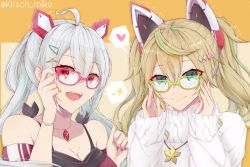 Rule 34 | 2girls, ahoge, aqua eyes, blonde hair, breasts, character request, cleavage, eyewear on head, gene (pso2), glasses, highres, kirsch miko, large breasts, multiple girls, open mouth, phantasy star, phantasy star online 2, red eyes, silver hair, smile, sweater, twintails