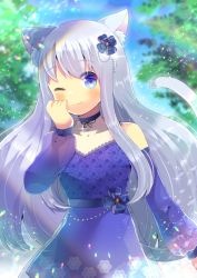 Rule 34 | 1girl, ;), animal ear fluff, animal ears, blue eyes, blurry, blurry background, cat ears, cat girl, cat tail, closed mouth, day, depth of field, detached sleeves, dress, grey hair, hair between eyes, hand up, kou hiyoyo, long hair, long sleeves, looking at viewer, one eye closed, outdoors, puffy long sleeves, puffy sleeves, purple dress, purple sleeves, see-through, see-through sleeves, smile, solo, strapless, strapless dress, tail, tail raised, very long hair, vrchat