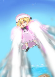Rule 34 | 1girl, :&lt;, blonde hair, blue sky, bow, bowtie, chestnut mouth, cloud, danna (karatekikku), day, dress, drill hair, energy, female focus, fire, flying, glowing, hat, luna child, mary janes, ocean, open mouth, red eyes, rocket, shoes, sky, socks, solo, steam, touhou, twin drills, twintails, white dress, white socks