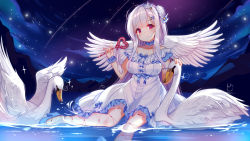 Rule 34 | 1girl, absurdres, azur lane, bird, breasts, cygnet (azur lane), dress, hecha (01964237), highres, in water, long hair, mini wings, red eyes, sitting, sky, solo, star (sky), starry sky, swan, thighhighs, wand, white hair, white thighhighs, wings