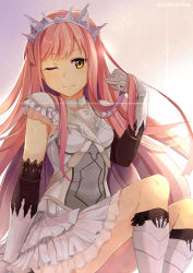 Rule 34 | 1girl, :3, absurdres, blush, fate/grand order, fate (series), gloves, highres, kibashiba, long hair, looking at viewer, medb (fate), one eye closed, pink hair, sitting, skirt, smile, solo, white gloves, yellow eyes