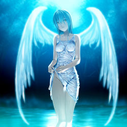 Rule 34 | 1girl, angel, angel wings, bad id, bad pixiv id, blue hair, blue theme, breasts, brown eyes, cleavage, collarbone, eyes visible through hair, green eyes, lips, no bra, no panties, original, outdoors, rezi, see-through, shiny clothes, short hair, solo, thigh gap, thighs, water, wet, wet clothes, wings